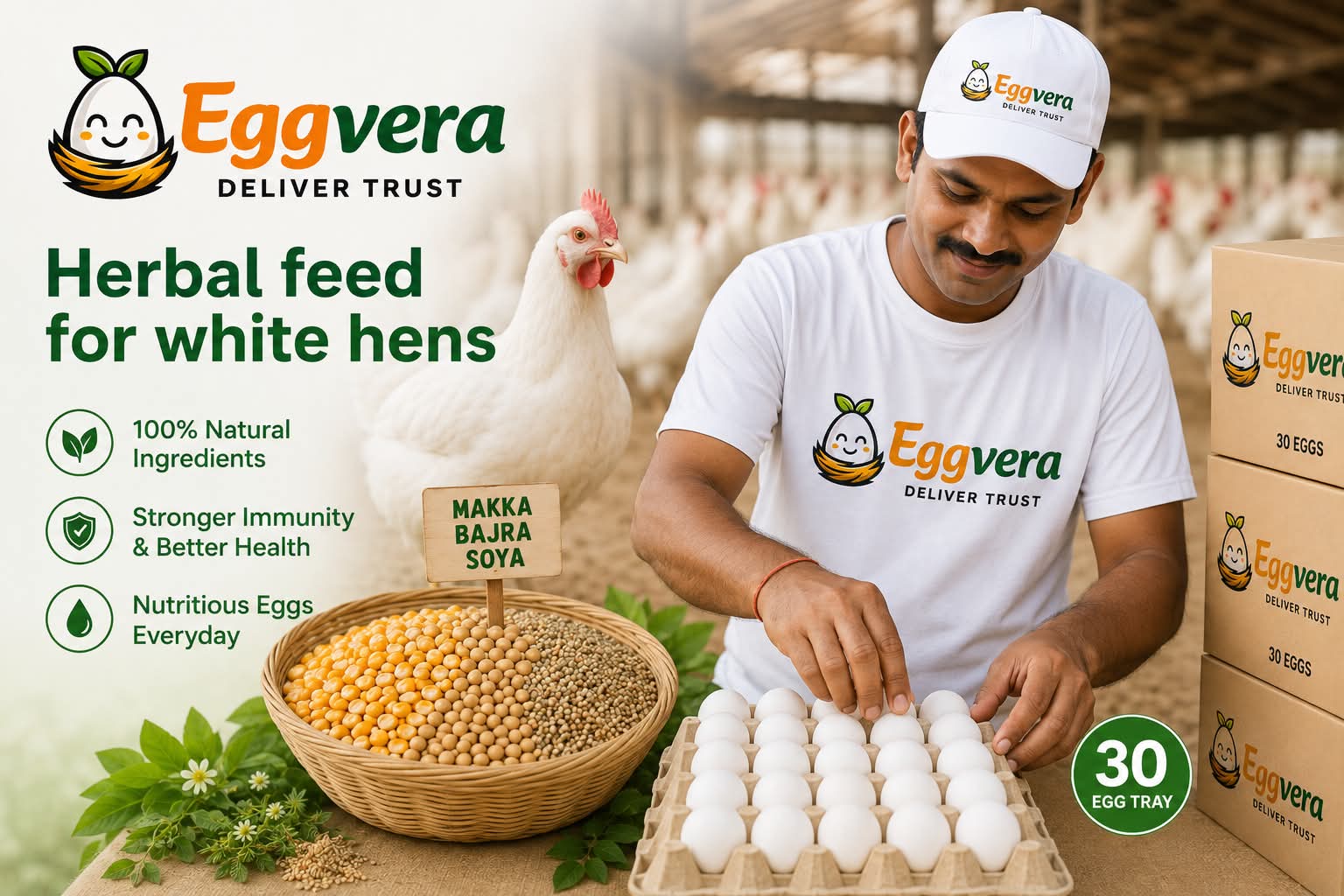 Farmer with herbal feed for white hens