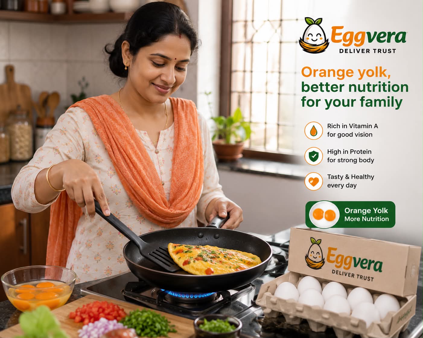 Woman cooking omelet showing orange yolk for better nutrition