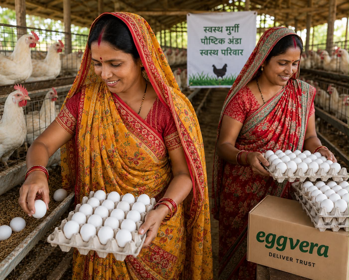 Women farmers organizing fresh eggs